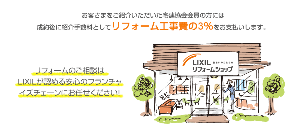 お客さまをご紹介いただいた宅建協会会員の方には成約後に紹介手数料としてリフォーム工事費の3％をお支払いします。リフォームのご相談はLIXILが認める安心のフランチャイズチェーンにお任せください！